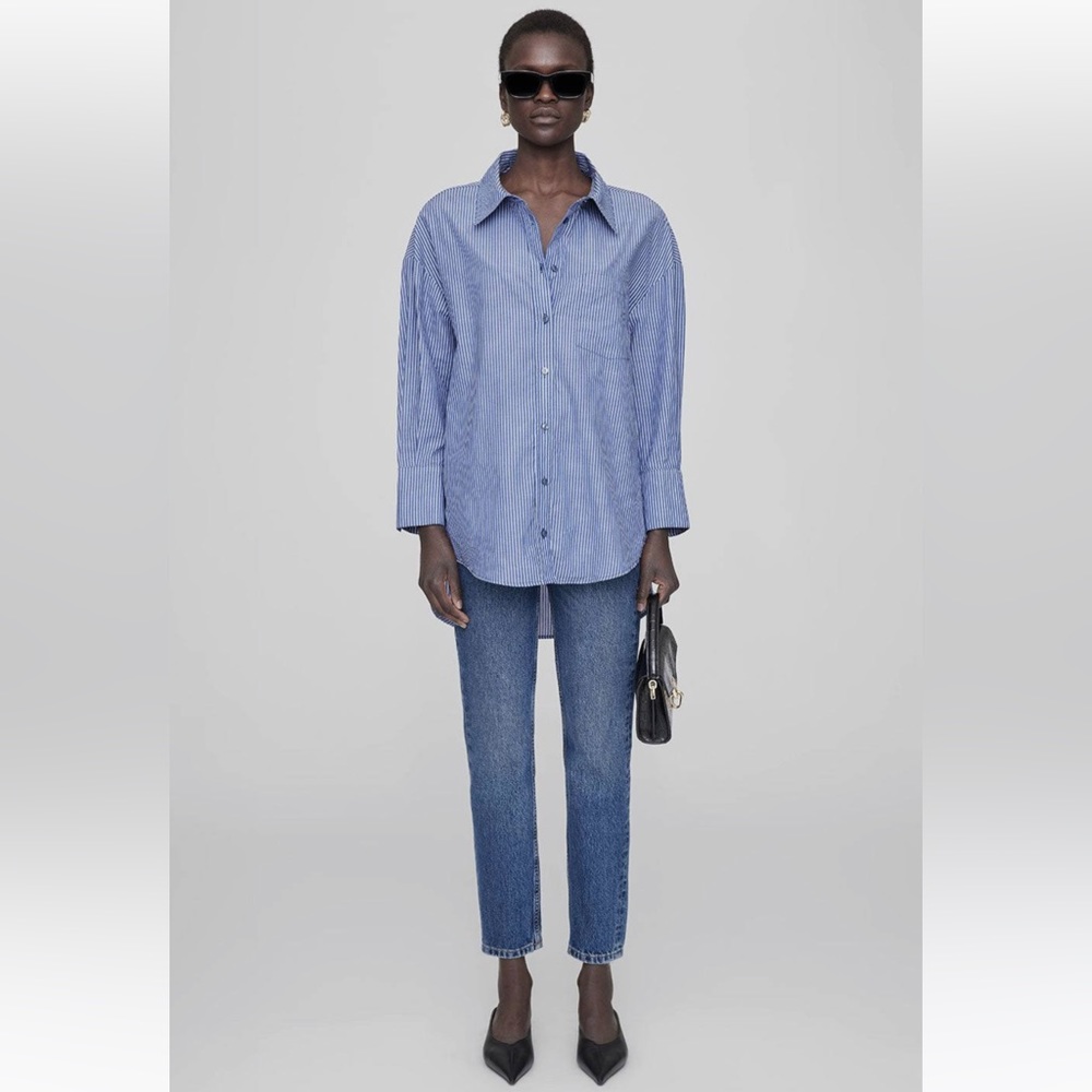 Anine Bing Mika Shirt in blue & white stripe Button Down Collared Blouse size XS